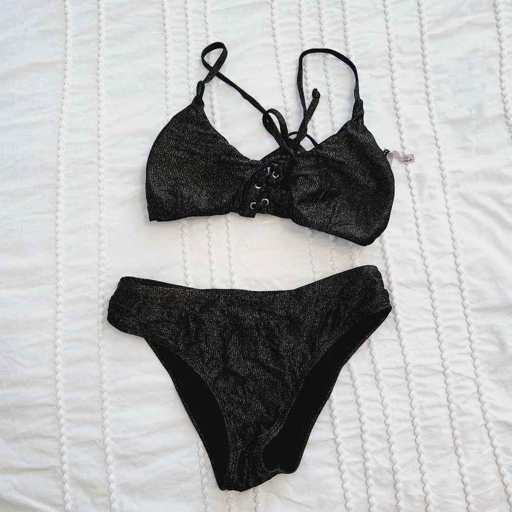 NWOT Y2K Black Shiny Lace Up Bikini Set